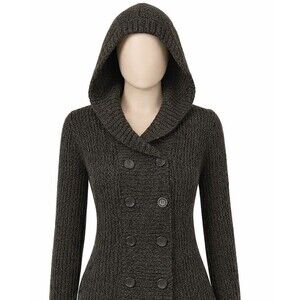 Effeci Women Hooded Double-Breasted Sweater 1X Brown Tweed Y2K 90s
